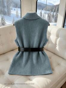 GlowEve 女士优雅休闲无领口袋针织开衫背心，不含腰带 - 霧霾藍 - 查看 2