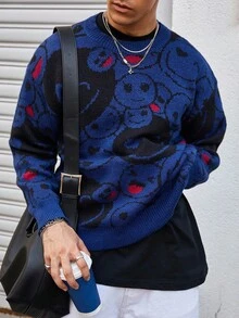 Manfinity Roghcode 男士卡通古怪表情圆领毛衣，街头时尚男士毛衣，适合秋冬通勤、工作和家居穿着，是送给男朋友的绝佳礼物，适合秋季 - 藍色 - 查看 3