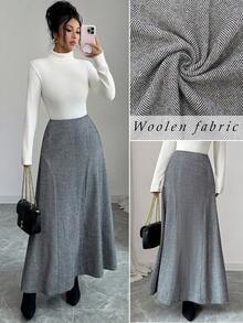 Elenzga Chân váy chữ A họa tiết xương cá thanh lịch kiểu Pháp cổ điển thu đông, phù hợp cho nữ công sở và mặc thường ngày. - Xám - Xem 1