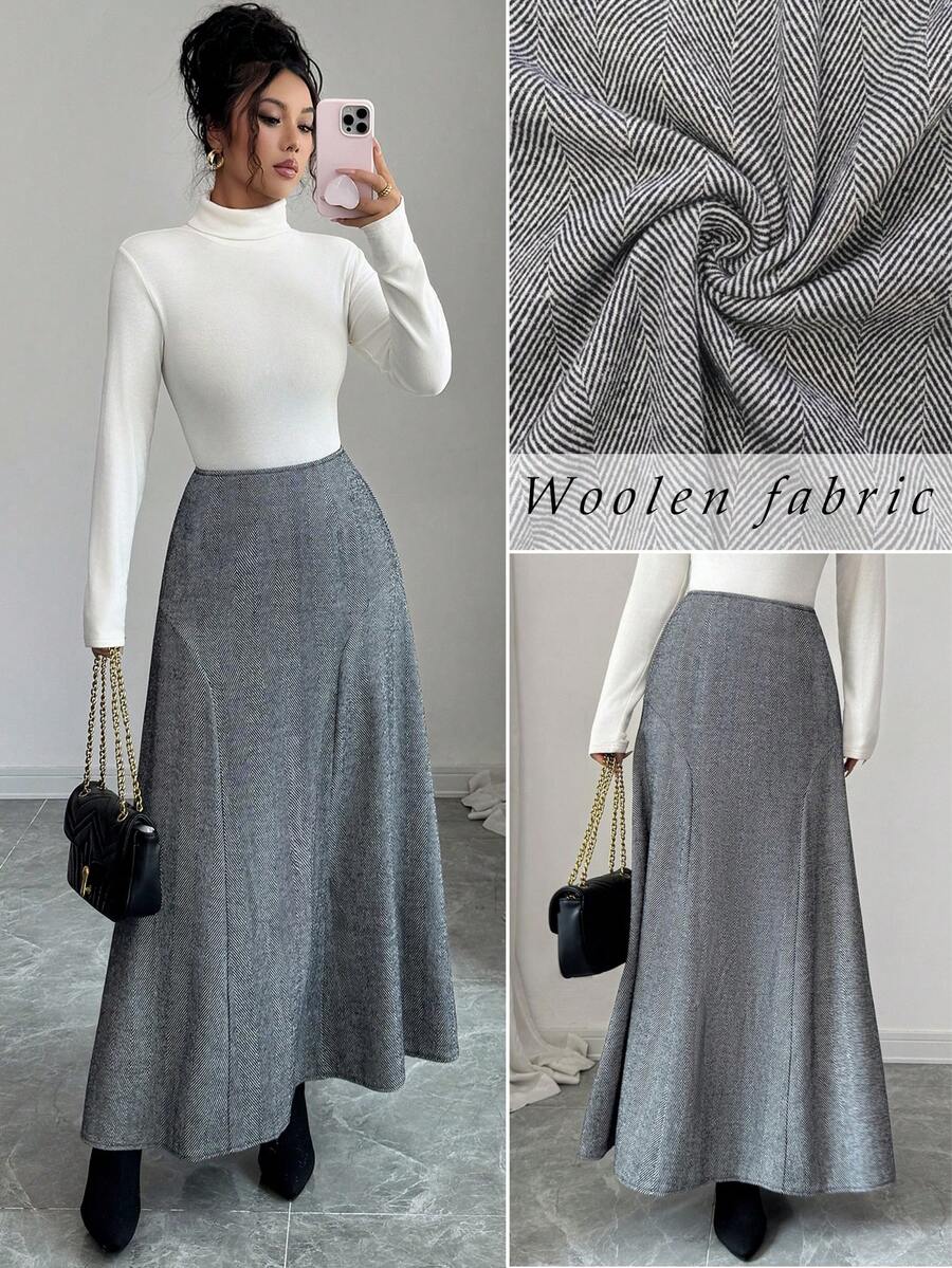 Elenzga Chân váy chữ A họa tiết xương cá thanh lịch kiểu Pháp cổ điển thu đông, phù hợp cho nữ công sở và mặc thường ngày. - Xám - Xem 1