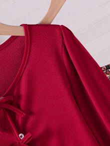 SHEIN Set de 2 piezas: Chaqueta de punto acanalado casual con decoración de lazo y vestido deslizante minimalista estampado, para primavera/otoño - Burdeos - Ver 5