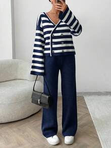 EURMUSE Women Stripe Pattern Front Button V-Neck Drop Shoulder Cardigan & Sweater Pants Set - Navy Blue - View 5