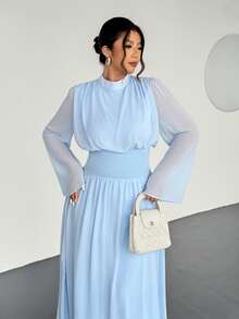 Firerie 大码女式优雅高领喇叭长袖中长连衣裙，适合春季、夏季、秋季、冬季、通勤、优雅、波西米亚、浪漫、约会、婚礼、毕业典礼、音乐会、工作、女士生日连衣裙 - 藍色 - 查看 2