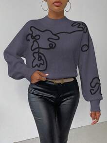 SHEIN LUNE Jersey de cuello alto de manga larga con patrón de color contrastante para mujer - Iron Gray - Ver 3
