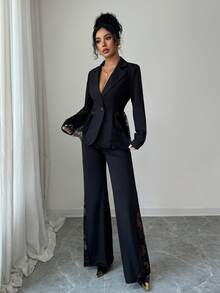 Elenzga Damski jednorzędowy, koronkowy, patchworkowy żakiet i spodnie, elegancki, swobodny, dojazd do pracy, modny, francuski, uliczny, vintage, biznesowy, świąteczny komplet, 2 sztuki, jesień/zima