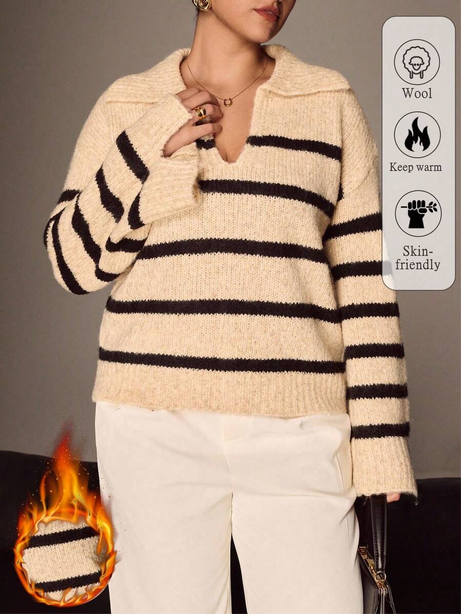 Juhart Plus Size Women Colorblock Striped Turtleneck Long Sleeve Casual Pullover Sweater, Winter - Multicolor - View 1