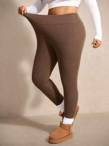 Elaquor Plus Size Women Brown Casual Solid Color Elastic Knit Leggings, Brown Pants For Women, Versatile All-Match Pants For Autumn/Winter - Apricot - View 6