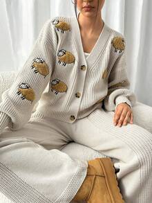 EURMUSE Ensemble femme composé d'un gilet à gros boutons avec motif mouton 3D et d'un pantalon en maille - Beige - Voir 6