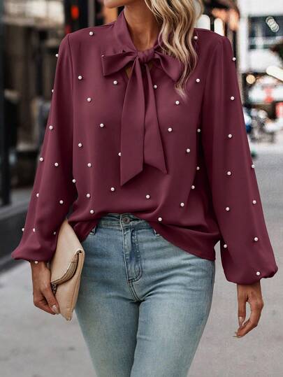 EMERY ROSE Women's Solid Color Lantern Sleeve Tie Neck Faux Pearl Decor Elegant Blouse, Christmas