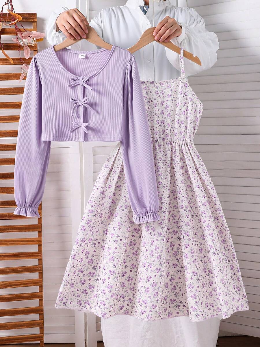 SHEIN 2 件套女童休闲罗纹针织开衫,蝴蝶结装饰和简约印花吊带裙,春秋 - 紫色 - 查看 1