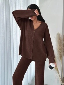 EURMUSE 2pcs Women Simple Front Button Long Sleeve Top And Pants Knit Sweater Set - Brown - View 5