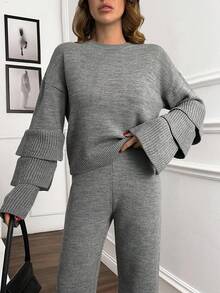 EURMUSE WOMEN Grey Ruffle Sleeve Knit Sweater And High-Waisted Pants Set - Elegant 2 Pieces Outfit With Round Neck And Long Sleeves,Petite Co Ord,Co Ord,Petite,Winter Clothes - Grey - View 6