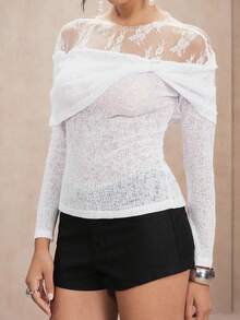 SHEIN Unity Lace Panel Knitted Sweater, Gentle Lady Style - White - View 1