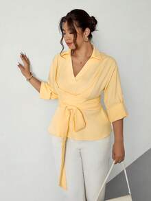 Firerie 大码优雅休闲工作服办公室衬衫裙，卷袖，交叉领带，小 V 领，百搭长衬衫裙，适合任何场合，春/秋/冬 - 黃色 - 查看 7