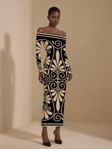 JIAN  LASALA Jian Lasala Floral Print Casual Elegant Dignified Minimalist Sexy Women's High Stretch Fitted Long Sleeve Off Shoulder Midi Dress, Suitable For Daily, Work, Outing, Travel, Date, Party, Christmas, Halloween In Autumn/Winter Bodycon Maxi Dress Women Graphic Dress Off-Shoulder Maxi Dress - Multicolor - View 3