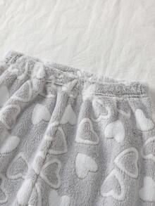 2 件女童舒适灰色简约毛绒心形图案长袖上衣和裤子睡衣套装，休闲家居服，母子装（2 套单独出售） - 淺灰色 - 查看 6