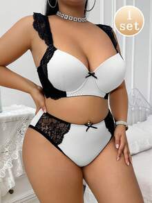 SHEIN 2件套加大码蕾丝拼布钢圈文胸套装 - 黑與白 - 查看 4