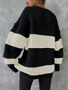 EURMUSE Colorblock Drop Shoulder Ribbed Knit Sweater - Black and White - View 2