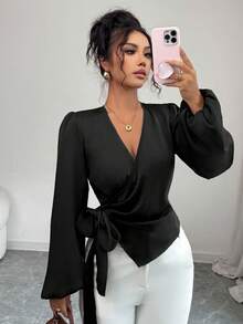 Elenzga 女式纯色灯笼袖裹身领带优雅衬衫，秋季 - 黑色 - 查看 7