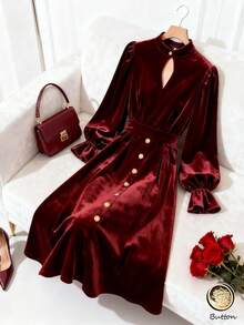 GlowEve Đầm dài tay màu đỏ công sở dáng chữ A cạp nhung thanh lịch, thời trang đi làm hàng ngày, phong cách Pháp, cổ điển, dự tiệc Giáng sinh, năm mới, ngày lễ, thu đông - Màu Đỏ Sâu - Xem 3