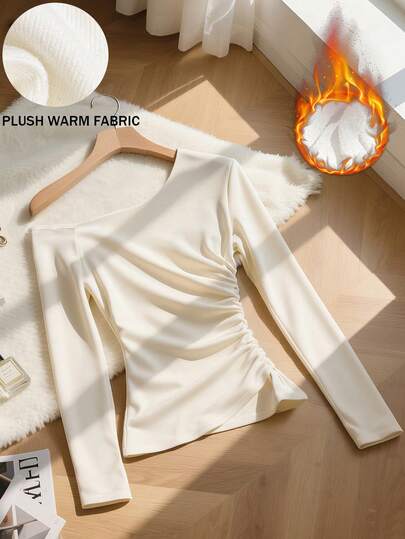 Franclia Winter Women's Winter Clothing Autumn And Winter Basic Base Layer Oblique Shoulder Pleated Long Sleeve Versatile Thick Top With Jacket, Suit And Coat Inner Wear Base Top Women's Top Women's Long-Sleeved Top