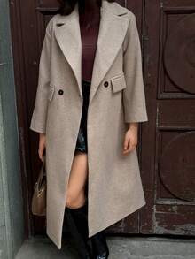SHEIN LUNE Casual Lapel Long Overcoat - Khaki - View 4