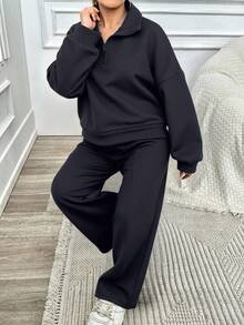 SHEIN Cottnline 100%Cotton Plus Half Zip Drop Shoulder Sweatshirt & Sweatpants - Dark Grey - View 1