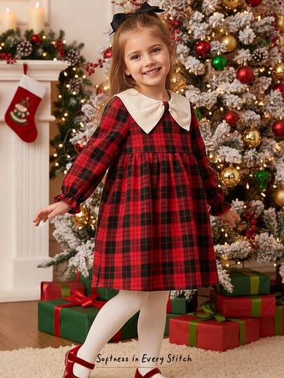 Cozy Pixies Vestido de manga larga con cintura ceñida, cuello con lazo y estampado de cuadros rojos, adecuado para Año Nuevo y Navidad para niñas
