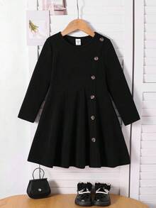 Emery Rose Kids Emery Rose Kids 女童优雅休闲圆领套头开衩中长连衣裙，适合上学、日常休闲穿着，秋冬季长袖连衣裙，带纽扣，黑色连衣裙，女童秋季连衣裙，黑色连衣裙 - 黑色 - 查看 3