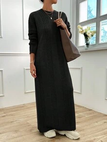EURMUSE 女士落肩长袖纯色长款休闲针织毛衣连衣裙，秋冬 - 黑色 - 查看 6