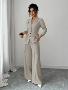 Elenzga Women's Apricot Thick Fabric V-Neck Blazer Design Black Contrast Button Fake Pocket Teacher Uniform Elegant Professional Outfit, Thanksgiving Halloween Atmosphere, Autumn New Arrival Fashion Essential High-End Dignified Long Sleeve Waist Cinched Loose Straight Leg Pants Two Pieces Set - Khaki - View 7