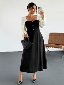 Firerie 大码优雅蕾丝珍珠纽扣装饰休闲连衣裙，适合工作、办公室、通勤、春秋冬 - 黑色 - 查看 2