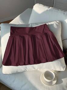 Comfortcana 女式纯色针织可爱运动百褶迷你裙 - 酒紅色 - 查看 6