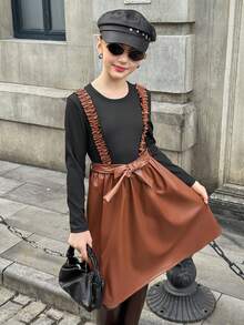 Váy da PU cổ tròn phối màu dệt kim gân MODELY cho bé gái, viền bèo nhún và thắt lưng, phong cách quý cô thanh lịch, thích hợp mặc thường ngày và đi nghỉ, mùa xuân/thu - Màu nâu  Mocha - Xem 4