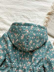 SHEIN Vintaside Kids 女童可爱印花保暖内衬拉链夹克，秋冬 - 綠色 - 查看 5