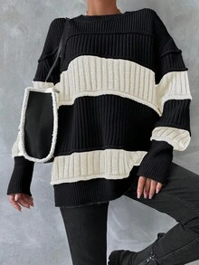 EURMUSE Colorblock Drop Shoulder Ribbed Knit Sweater - Black and White - View 4