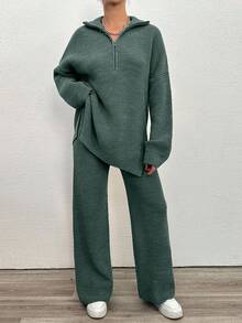 EURMUSE 2pcs Women's Plain Zip Up Long Sleeve Sweater Suit And Sweatpants - Mint Green - View 7