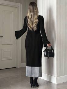 EURMUSE Vestito lungo in maglia a costine casual con collo a barca, a righe, maniche a campana, comodo e chic per tutti i giorni - Grigio - Visualizzare 2
