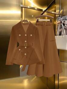 GlowEve Women's Elegant Single-Breasted Jacket And Skirt 2 Pieces Set, Suitable For Commuting In Autumn - Brown - View 1