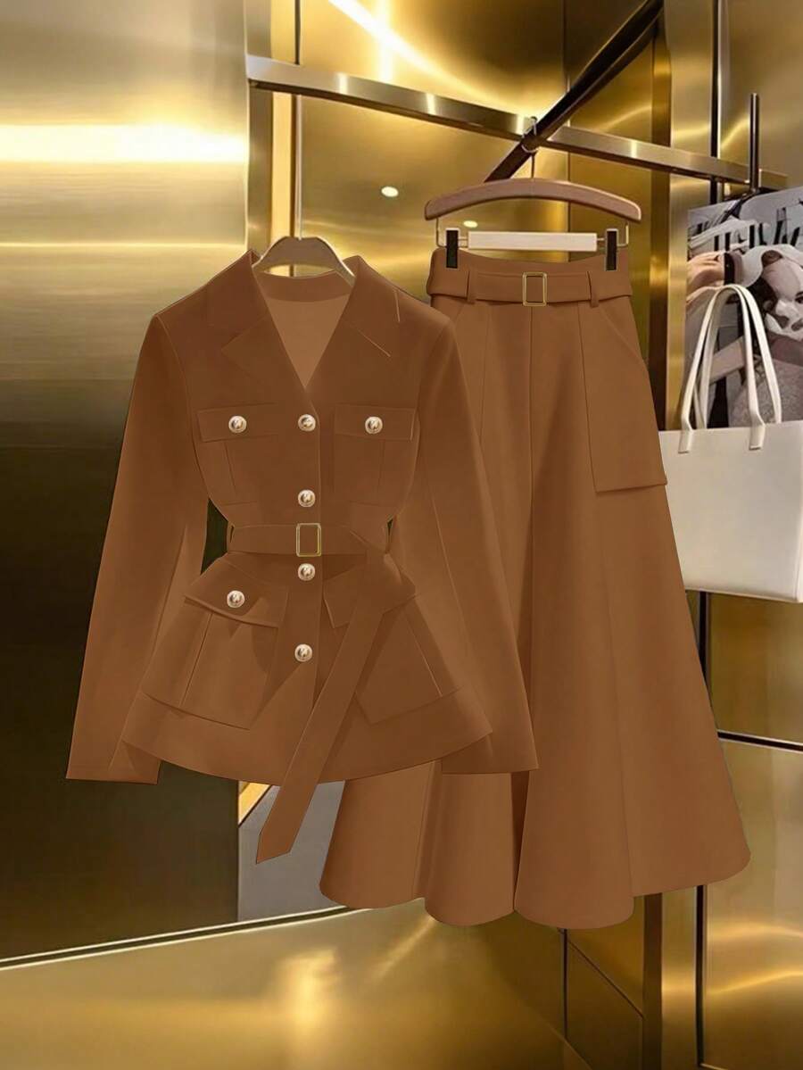GlowEve Women's Elegant Single-Breasted Jacket And Skirt 2 Pieces Set, Suitable For Commuting In Autumn - Brown - View 1