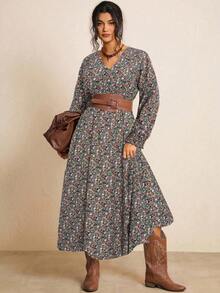 Freevana 大码秋季服装全印花褶皱豹纹长袖连衣裙/秋季连衣裙/秋季女装秋季婚礼宾客连衣裙优雅女士连衣裙商务休闲女士工作连衣裙商务连衣裙 - 綠色 - 查看 3