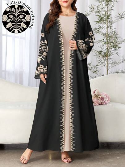 SHEIN Najma Plus Size Women's Floral Print Long Sleeve Casual Arabic Abaya Robe, Spring/Autumn Black Abaya Dress Modest Open Abaya