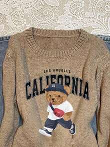 SHEIN EZwear Women's Crew Neck Long Sleeve Cute Bear & English Letter Print Sweater, Suitable For Autumn/Winter, Street Style, Chic, Y2K