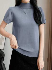 Almamuse 女士休闲日常通勤简约纯色高领短袖宽松针织上衣，秋冬 - 灰色 - 查看 7