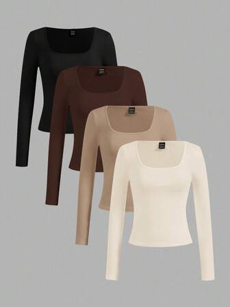 SHEIN Essnce 4 st/set damer casual minimalistiska t-shirts med fyrkantig halsringning, enfärgade, lämpliga för höst/vinter, lager-på-lager, utomhus, undertröja