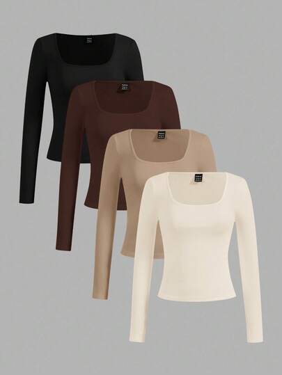 SHEIN Essnce 4pcs/Set Women's Casual Minimalist Square Neck T-Shirts,Solid Color,Autumn Undershirt,Black Polka Dot Occasion,Layering Outdoor Fall Clothes For Women