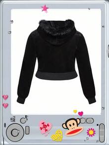 Paul Frank X ROMWE Plus Size Rhinestone Graphic Vintage Velvet Hooded Jacket & Flared Pants 2 Pieces Set, Autumn/Winter - Black - View 4