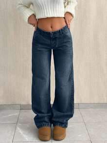 EURMUSE BLACK LOW WAIST BAGGY LOOSE STRAIGHT LEG JEAN - Dark Wash - View 1