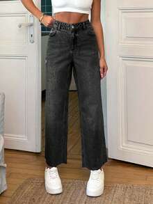 EURMUSE 100% Cotton Mid Waist Frayed Hem Wide Leg Jean - Dark Grey - View 7