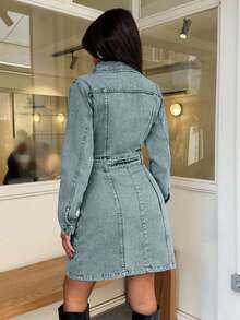 EURMUSE Mini Button And Belt Detailed Rigid Denim Dress - Light Wash - View 2